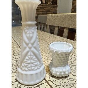 White HOBNAIL TOOTHPICK  VASE 2.5" Sawtooth And 6” Milk Glass Vase